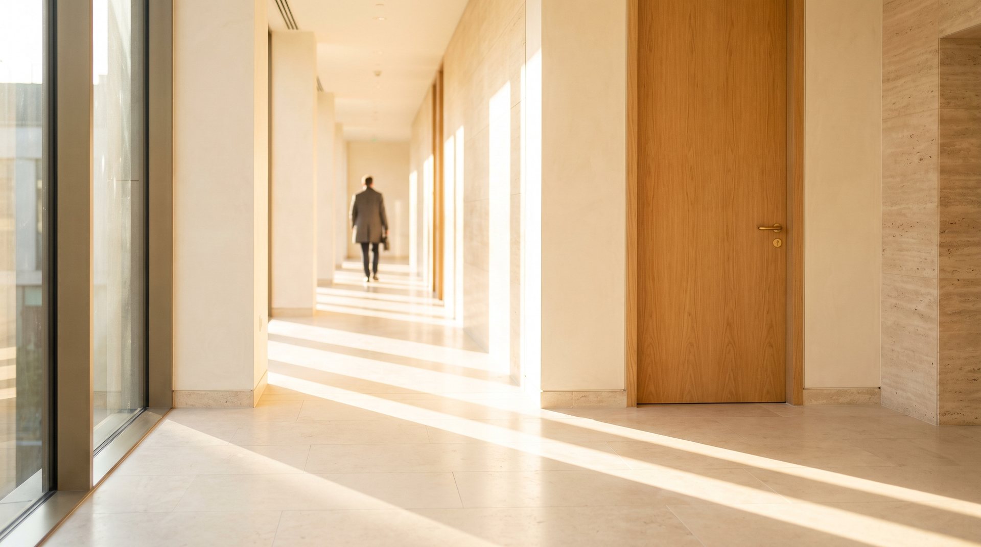 An office corridor in warm morning light, a figure walking away in the distance